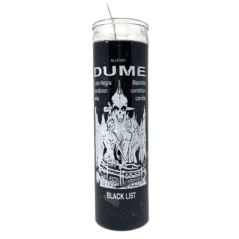 7 Day Black List DUME glass candle in black for banishing and boundary-setting spell work and ritual practice.