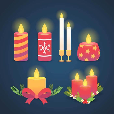 Set of colorful candles with different designs on a dark blue background