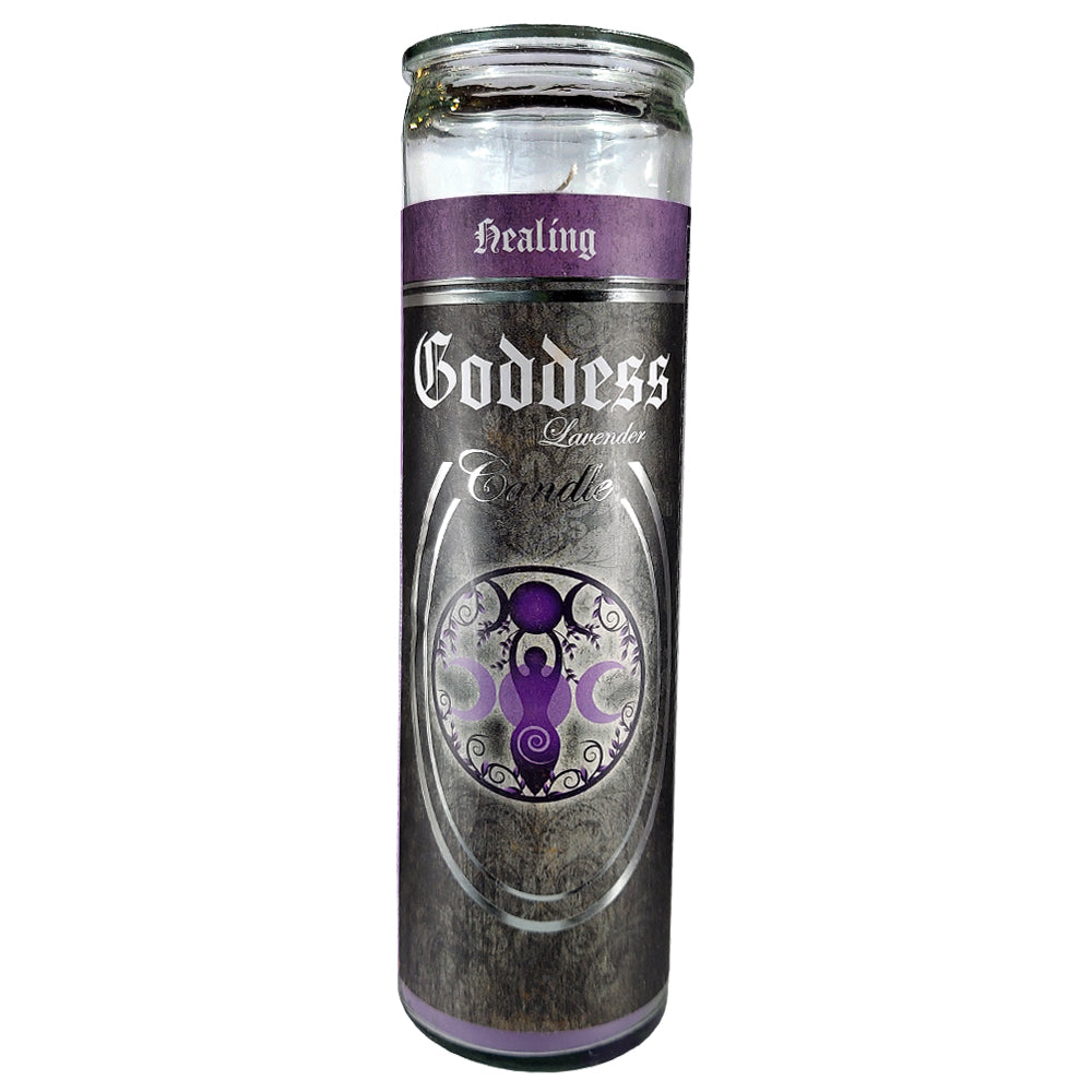 7 Day glass ritual candle, goddess symbol, lavender scent, 8 inches