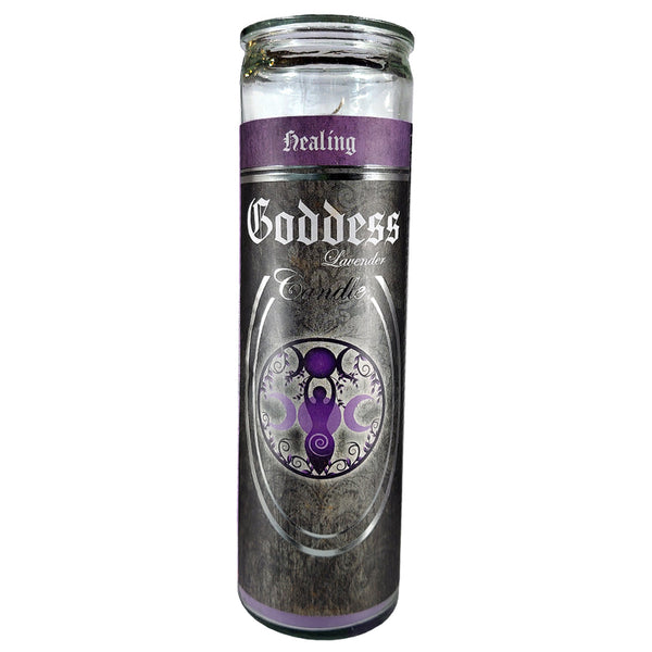 7 Day glass ritual candle, goddess symbol, lavender scent, 8 inches