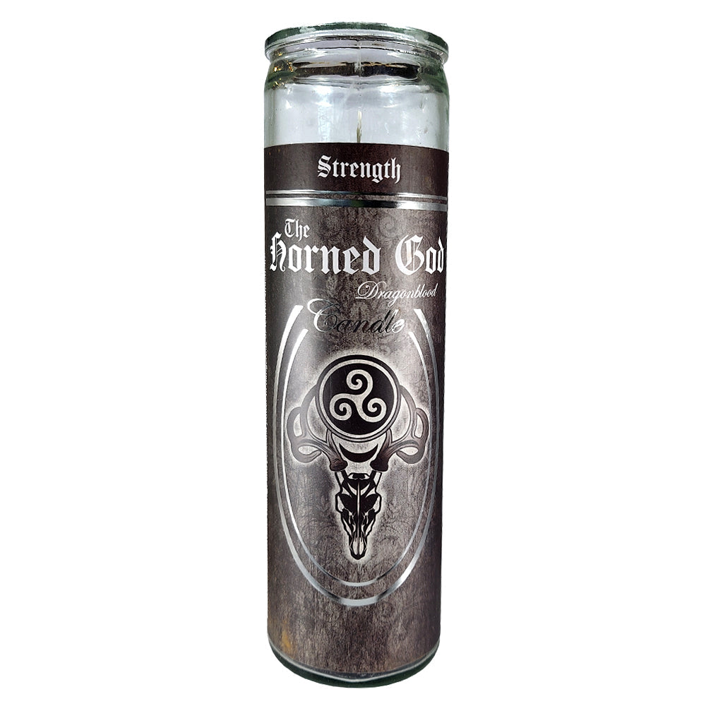 7 Day Glass Ritual Candle - The Horned God - Dragonblood scent, 8 inch fixed candle