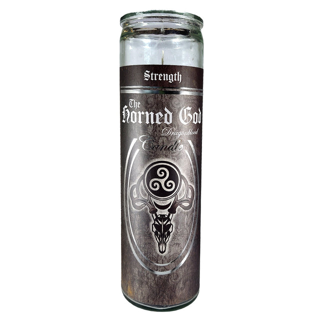 7 Day Glass Ritual Candle - The Horned God - Dragonblood scent, 8 inch fixed candle