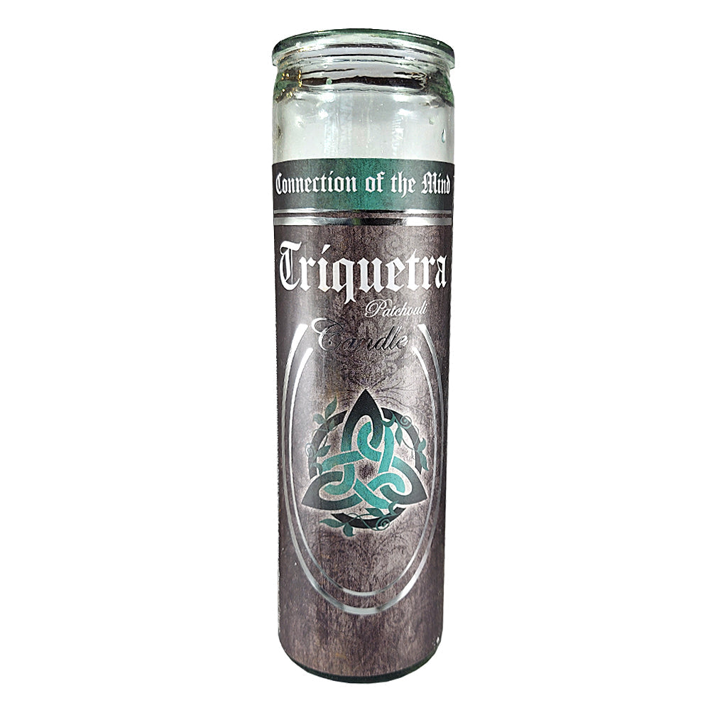 7 Day Glass Ritual Candle - Triquetra - Patchouli scent, 8 inch fixed candle