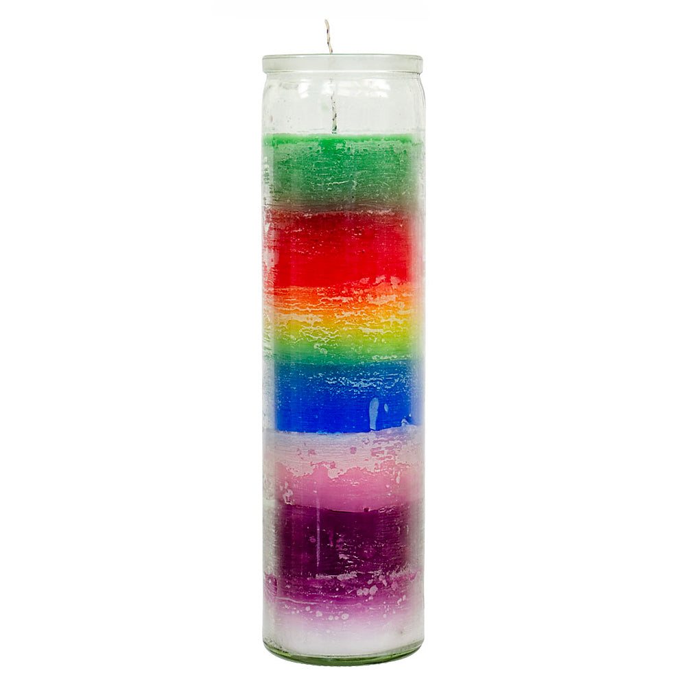 7 Day Multicolor Glass Prayer Candle, 8 inch, seven color layers