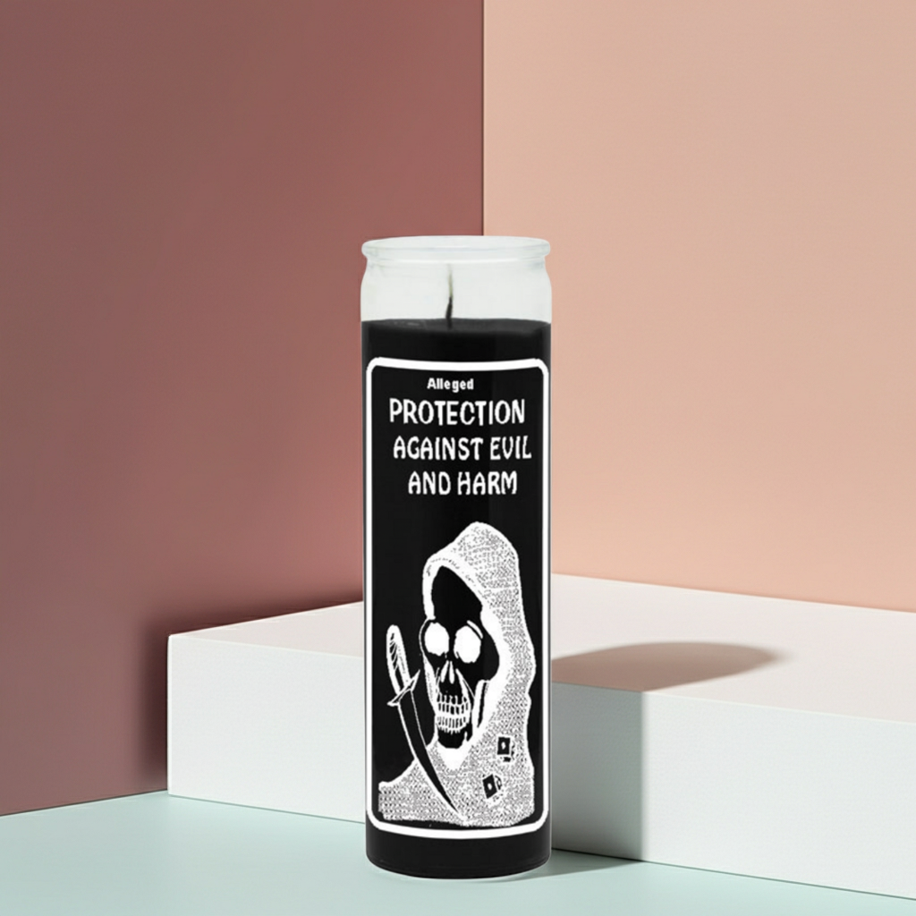 Protection from Evil black 7 day glass candle for cleansing harmful energy, protection rituals, and altar use.