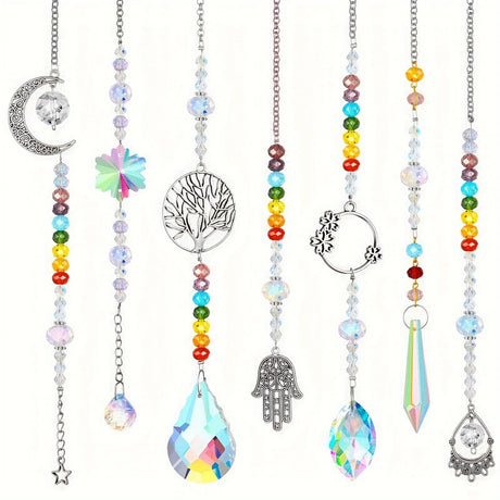 7-Piece Colorful Crystal Sun Catcher Set rainbow crystal hanging ornaments for decorating windows, catching sunlight, and creating colorful light reflections.