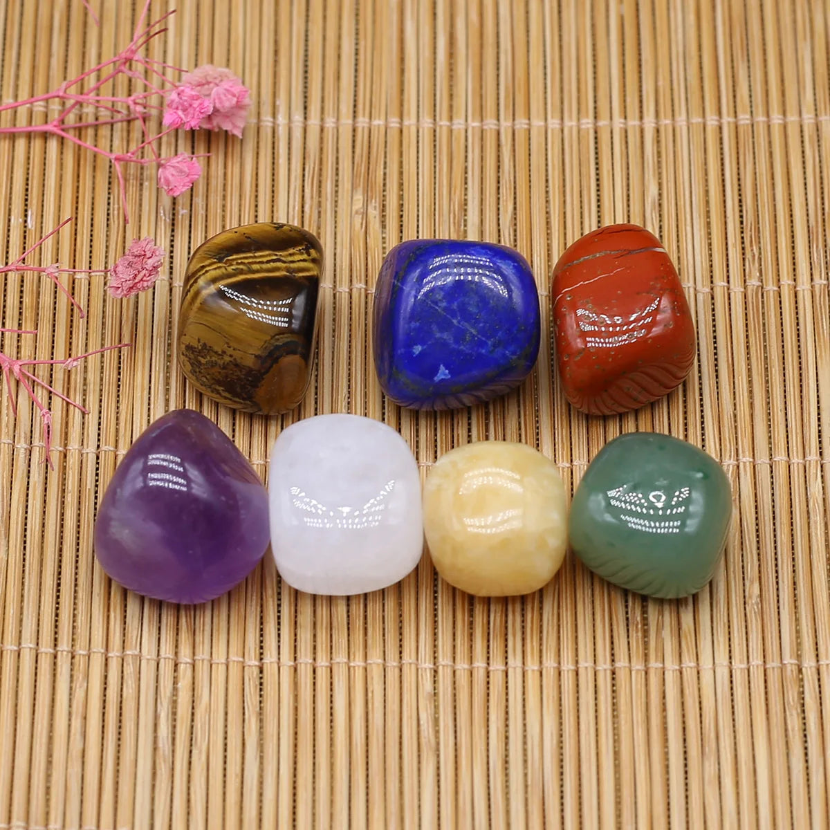 7-Piece Reiki Natural Tumbled Stone Set for meditation, crafts, and crystal healing.