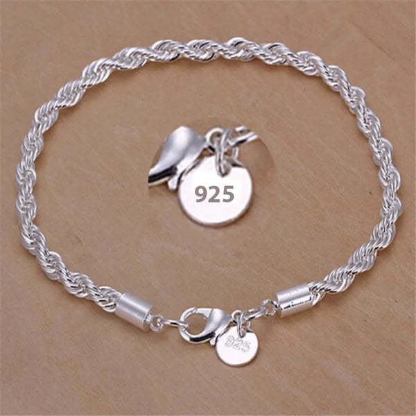 925 Sterling Silver 4MM Twisted Rope Chain Bracelet jewelry bracelet for everyday wear, layering, and casual styling.
