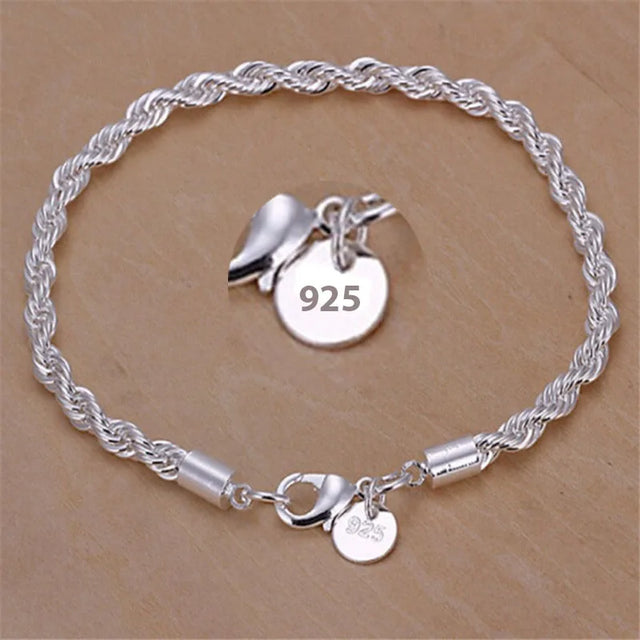 925 Sterling Silver 4MM Twisted Rope Chain Bracelet jewelry bracelet for everyday wear, layering, and casual styling.