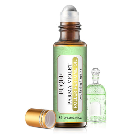 EUQEE Parma Violet roller perfume oil with a glass bottle on a white background