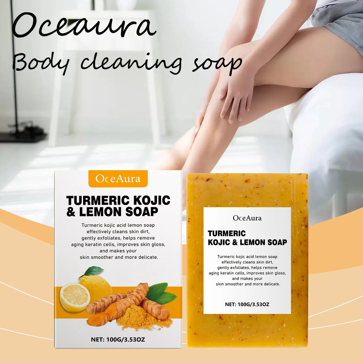 OceAura Turmeric Kojic & Lemon Soap packaging with a person sitting on a couch.