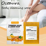OceAura Turmeric Kojic & Lemon Soap packaging with a person sitting on a couch.