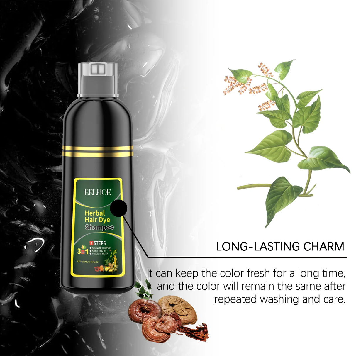 Bottle of herbal hair dye with green leaves and dried herbs on a dark background