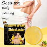 Oceaura ShineLuster body cleaning soap with packaging and a close-up of a person's skin.