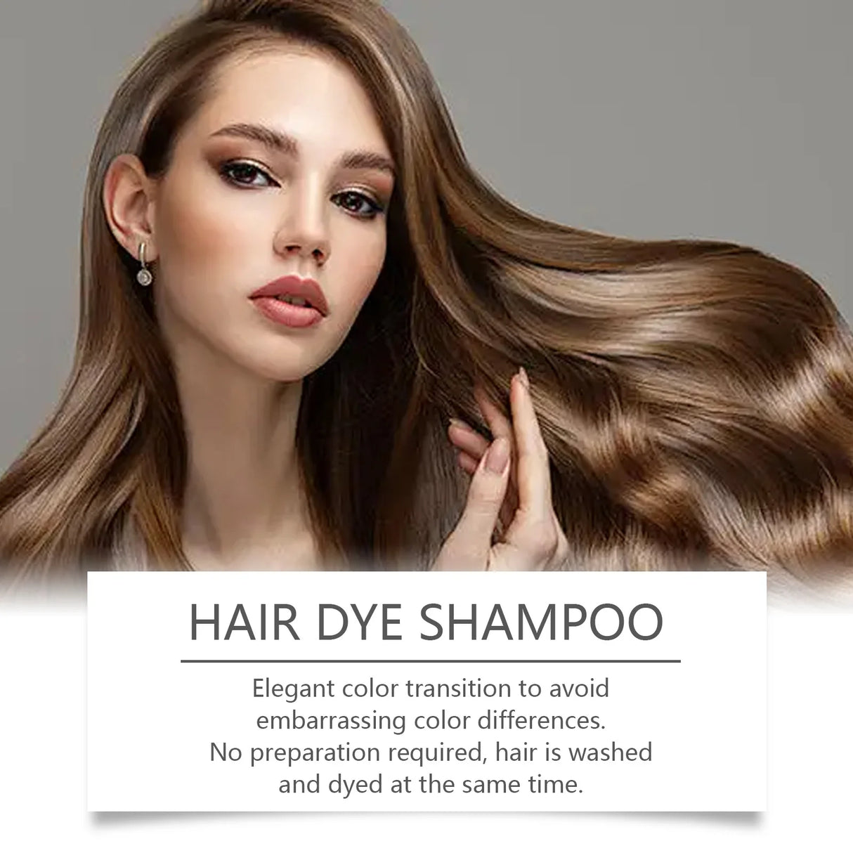 Woman with long, styled hair and text about hair dye shampoo on a gray background