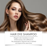 Woman with long, styled hair and text about hair dye shampoo on a gray background