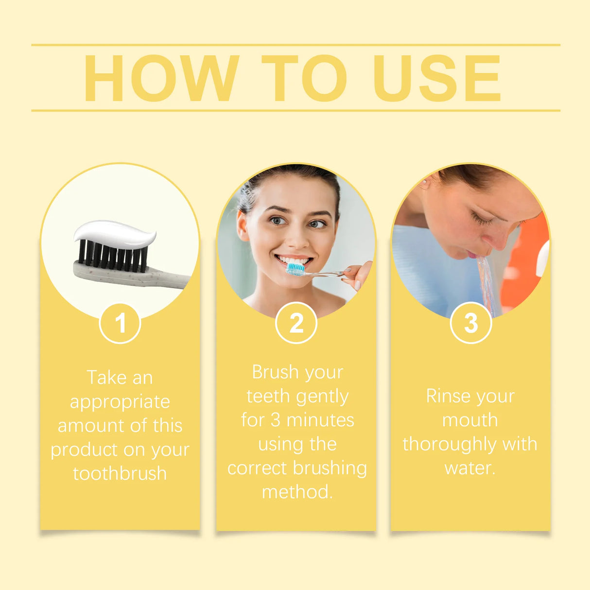 Instructions on how to use a dental product with images and text on a yellow background