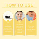 Instructions on how to use a dental product with images and text on a yellow background