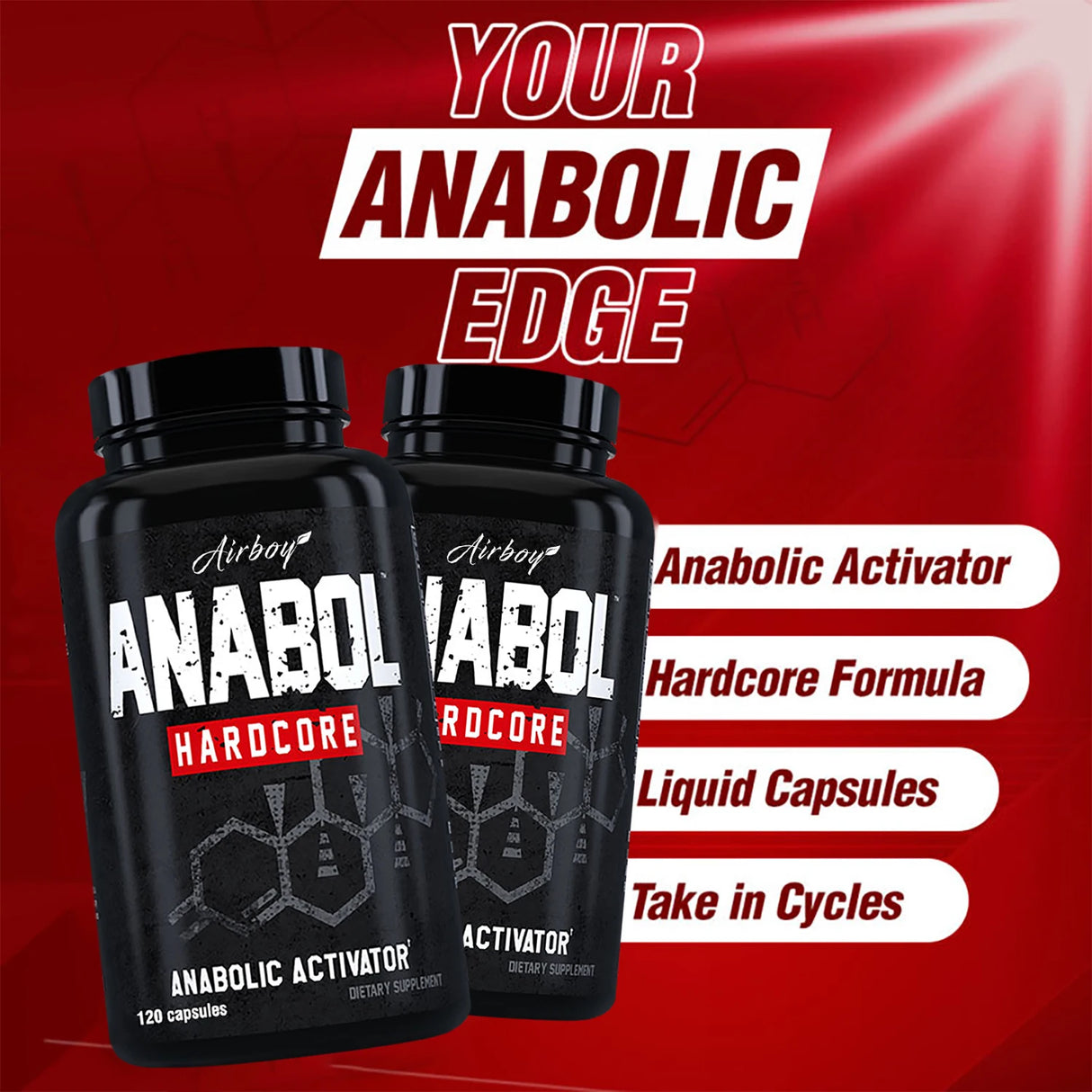 Two black bottles of 'Anabol Hardcore' on a red background with promotional text.