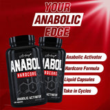 Two black bottles of 'Anabol Hardcore' on a red background with promotional text.
