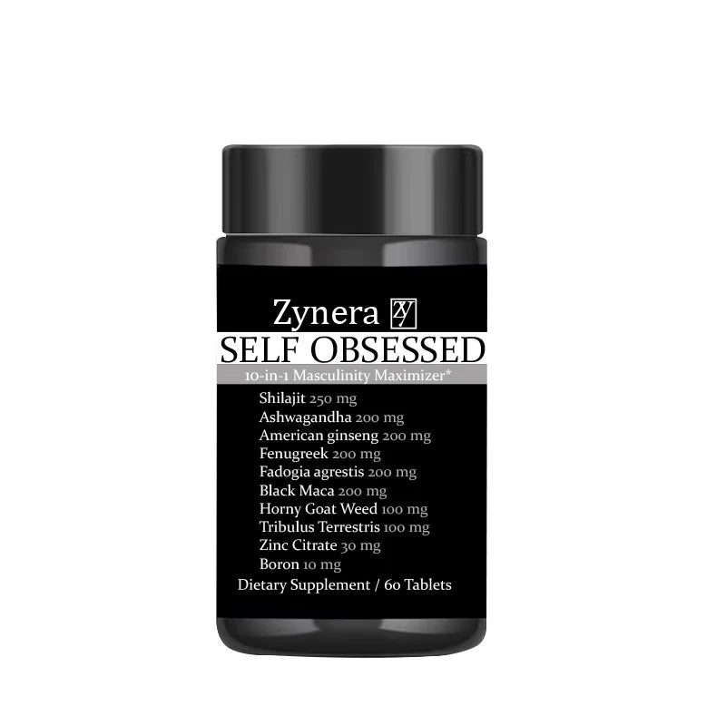 Supplement container labeled 'Zynera Self Obsessed' on a white background