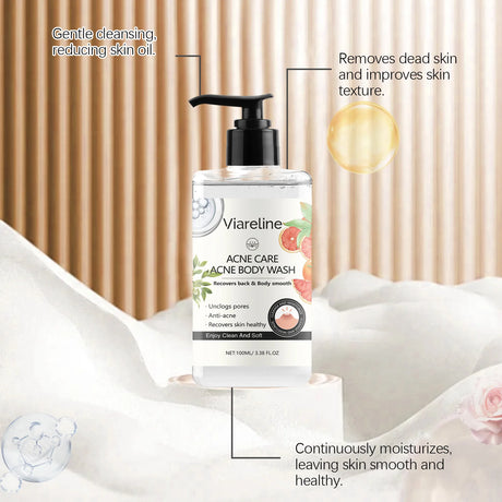 Viareline Acne Care Body Wash bottle with text highlighting its benefits on a soft white background.
