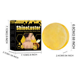 Yellow soap bar and packaging with dimensions on a white background