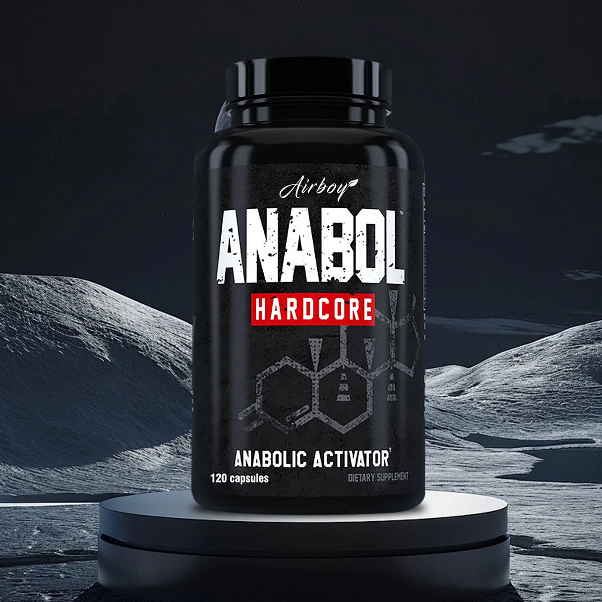 Black supplement bottle labeled 'Anabol Hardcore' on a dark background