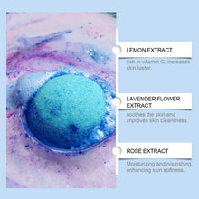 Blue bath bomb with text about lemon, lavender, and rose extracts on a light blue background
