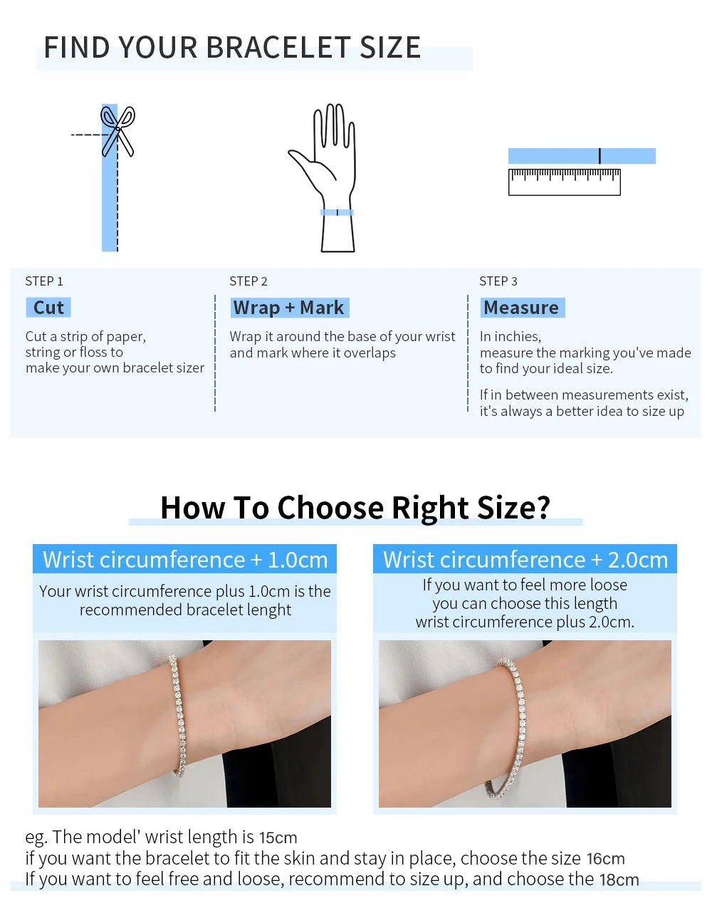 Instructions for finding bracelet size with measurements and illustrations.