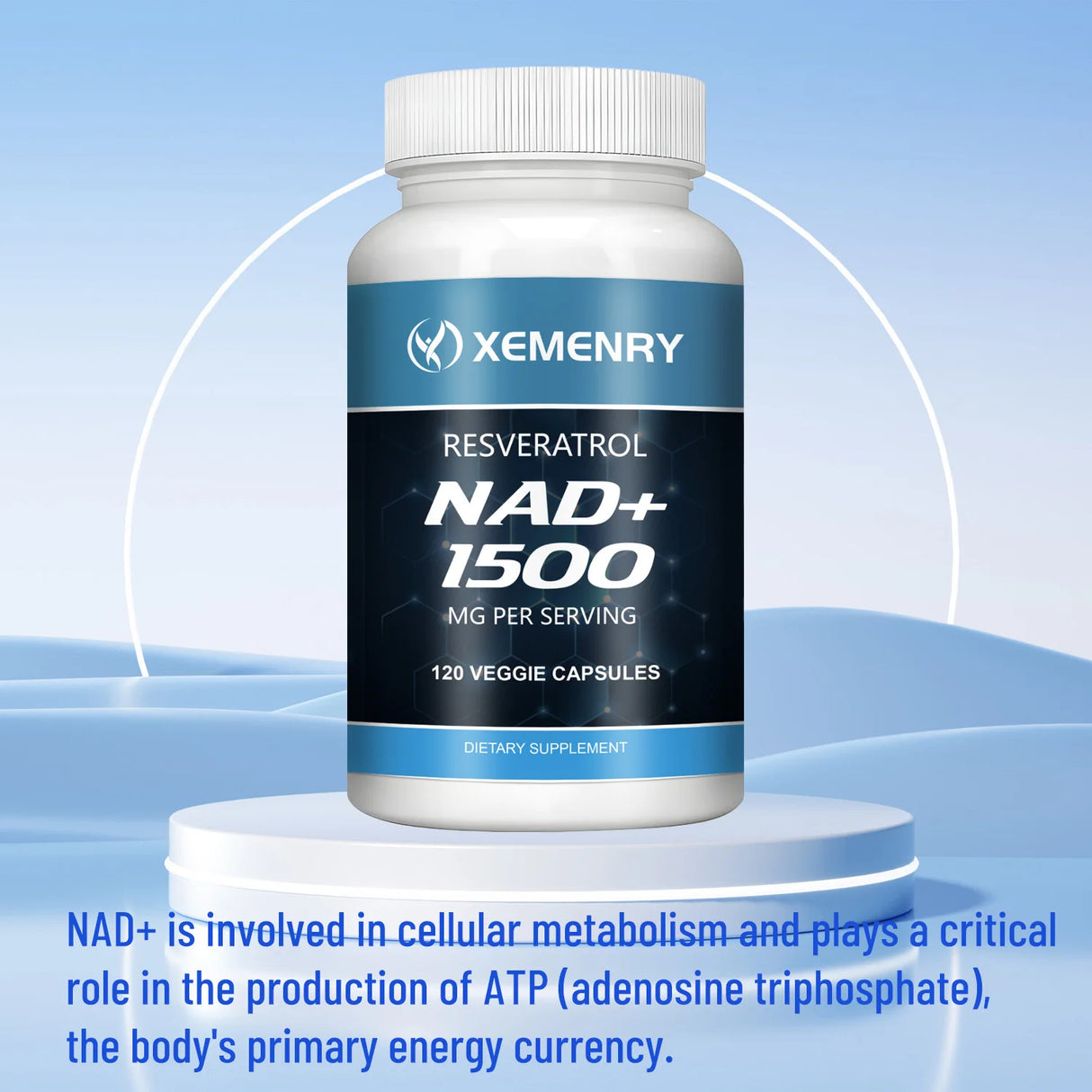 Supplement bottle labeled 'Xemenry NAD+ 1500' on a blue background