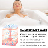 Woman in a bubble bath with text about acidified body wash benefits