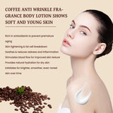 Woman with coffee anti-wrinkle lotion on shoulder, coffee beans and green leaf on beige background