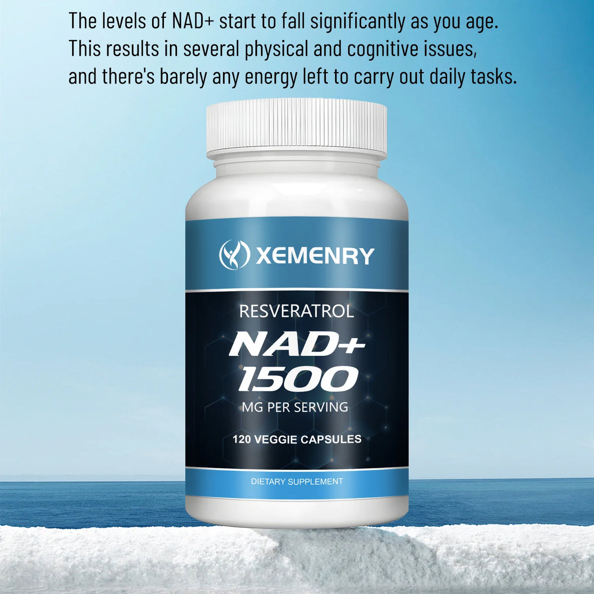 Supplement bottle labeled 'Xemenry NAD+ 1500' on a blue background with text about NAD+ levels and energy.