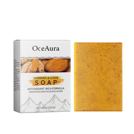 OceAura Turmeric & Clove Soap with packaging on a white background
