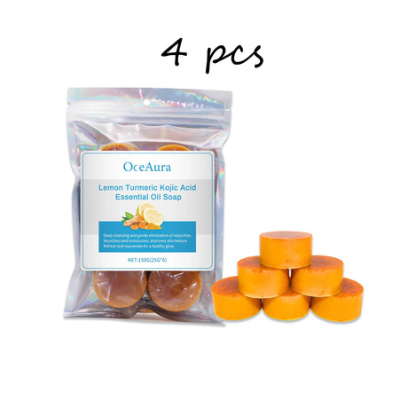 Pack of OceAura Lemon Turmeric Kojic Acid Essential Oil Soap with four bars displayed.