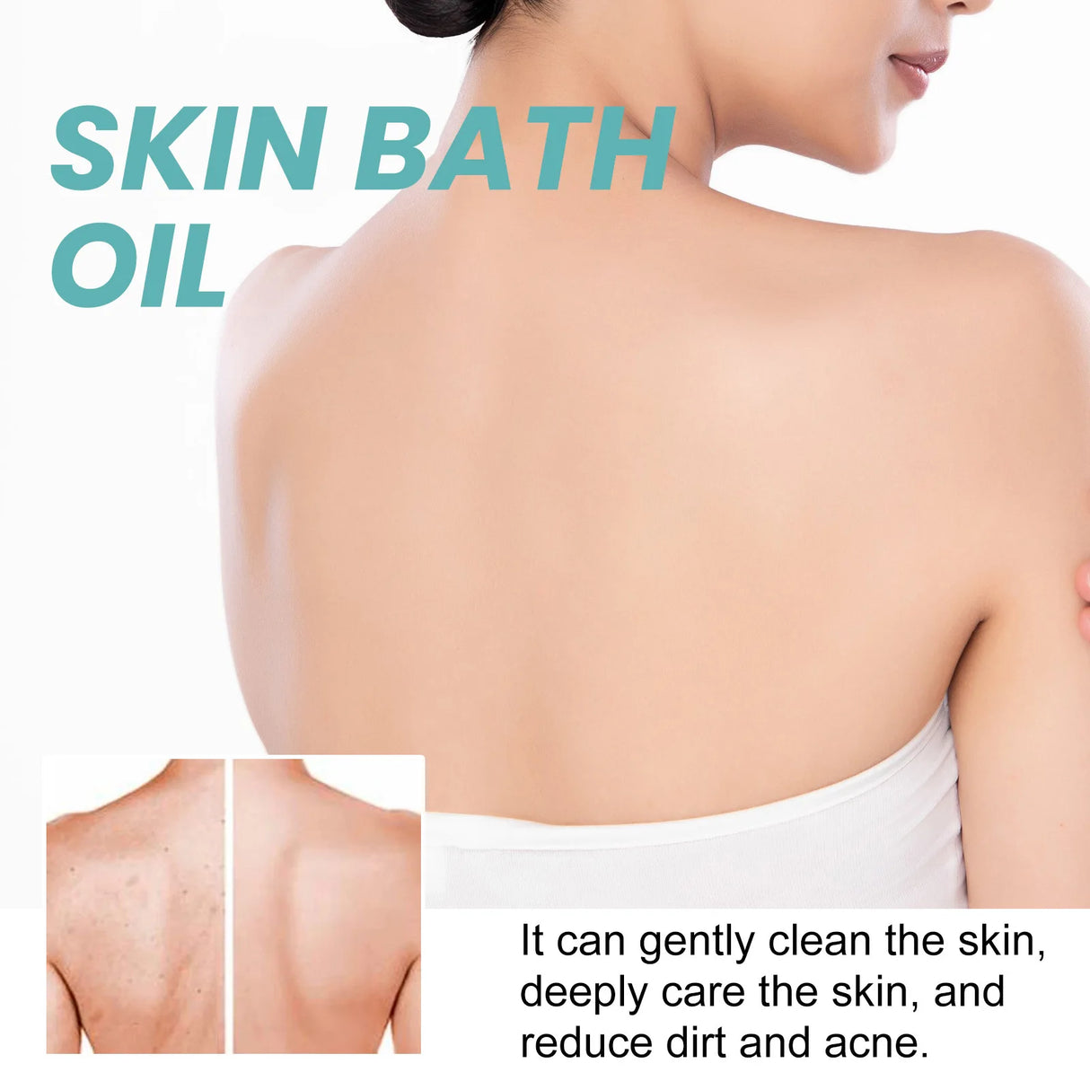 Advertisement for skin bath oil showing a person with clean skin and text about its benefits.