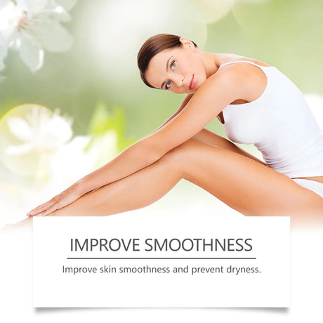 Woman with smooth skin sitting on a white box with text about improving skin smoothness.