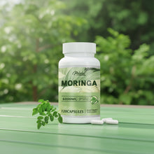 Pstlalae Moringa supplement bottle with leaves on a white background