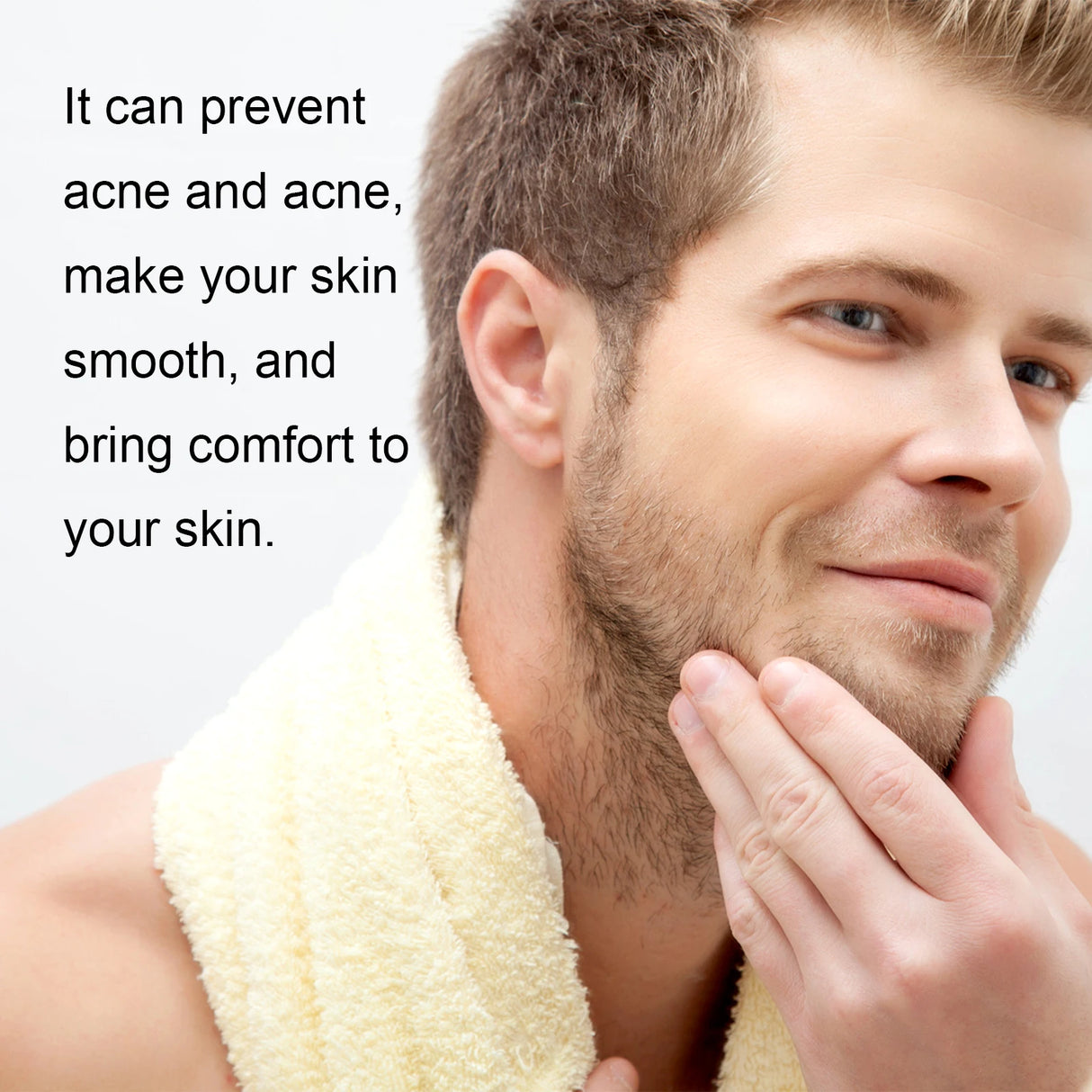 Man with a towel around his neck, touching his face, with text about skincare benefits.