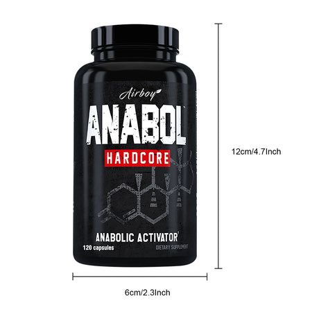 Black supplement bottle labeled 'Anabol Hardcore' with measurements on a white background