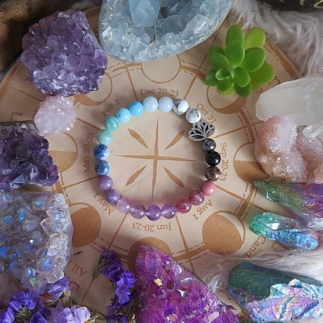 Colorful beaded bracelet on an astrological chart with crystals around