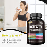 Woman in sports bra and leggings holding a bottle of dietary supplement with text on how to take it.