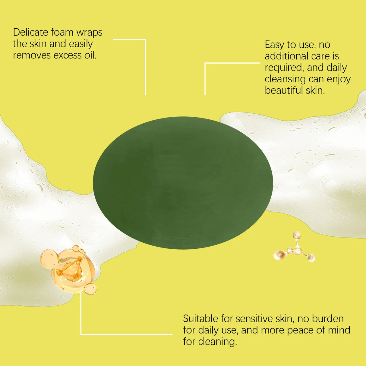 Product advertisement with text about a cleansing product on a yellow background