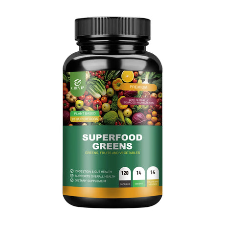 Supplement bottle labeled 'Superfood Greens' with a colorful label featuring fruits and vegetables on a white background.