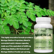 Bottle of Psalada Moringa capsules with green leaves in the background