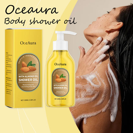OceAura body shower oil with packaging and a person using it on their neck.