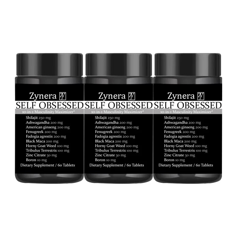 Three black Zynera supplement bottles labeled 'Self Obsessed' on a white background.