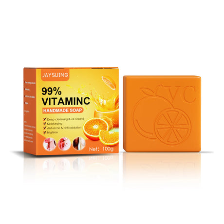 Orange soap bar with packaging labeled '99% Vitamin C' by Jaysuing on a white background.