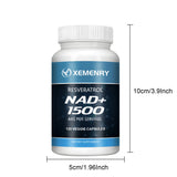 Supplement bottle labeled 'Xemenry NAD+ 1500' with dimensions on a white background